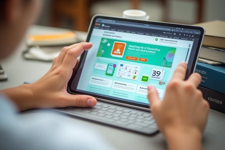 Estudiante interactuando con una plataforma de e-learning moderna en una tablet